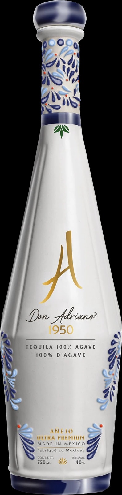 Don Adriano 1950 Añejo Ultra Premium in a white ceramic bottle decorated in cobalt and sky blue