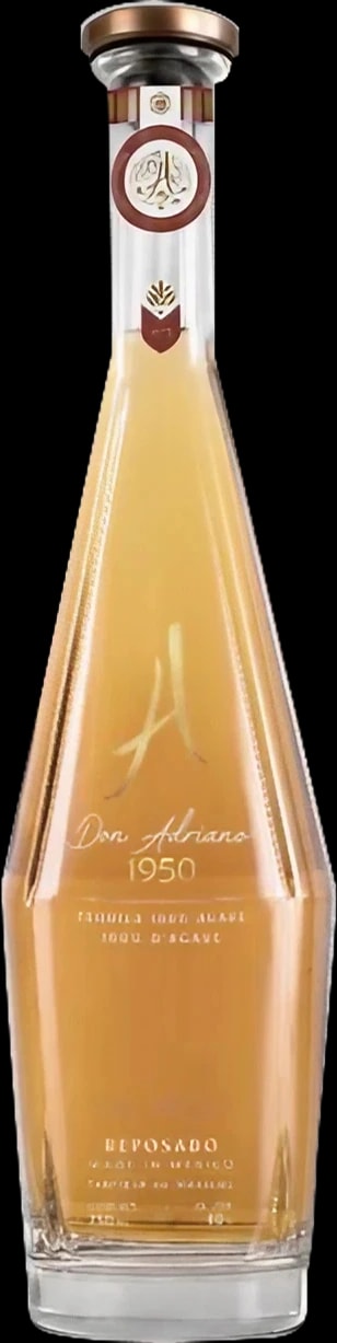 Don Adriano 1950 Reposado in a clear faceted glass bottle showing amber tequila