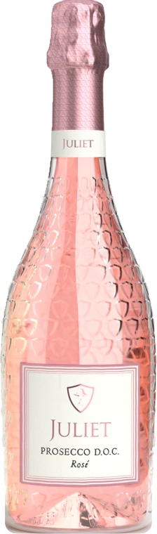Juliet Prosecco D.O.C. Rosé bottle with rose-pink foil and a textured pink glass body