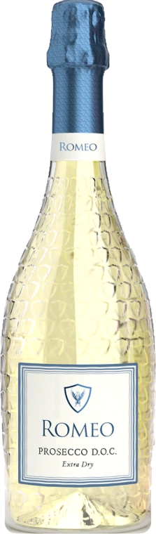 Romeo Prosecco D.O.C. Extra Dry bottle with blue foil and a textured glass body